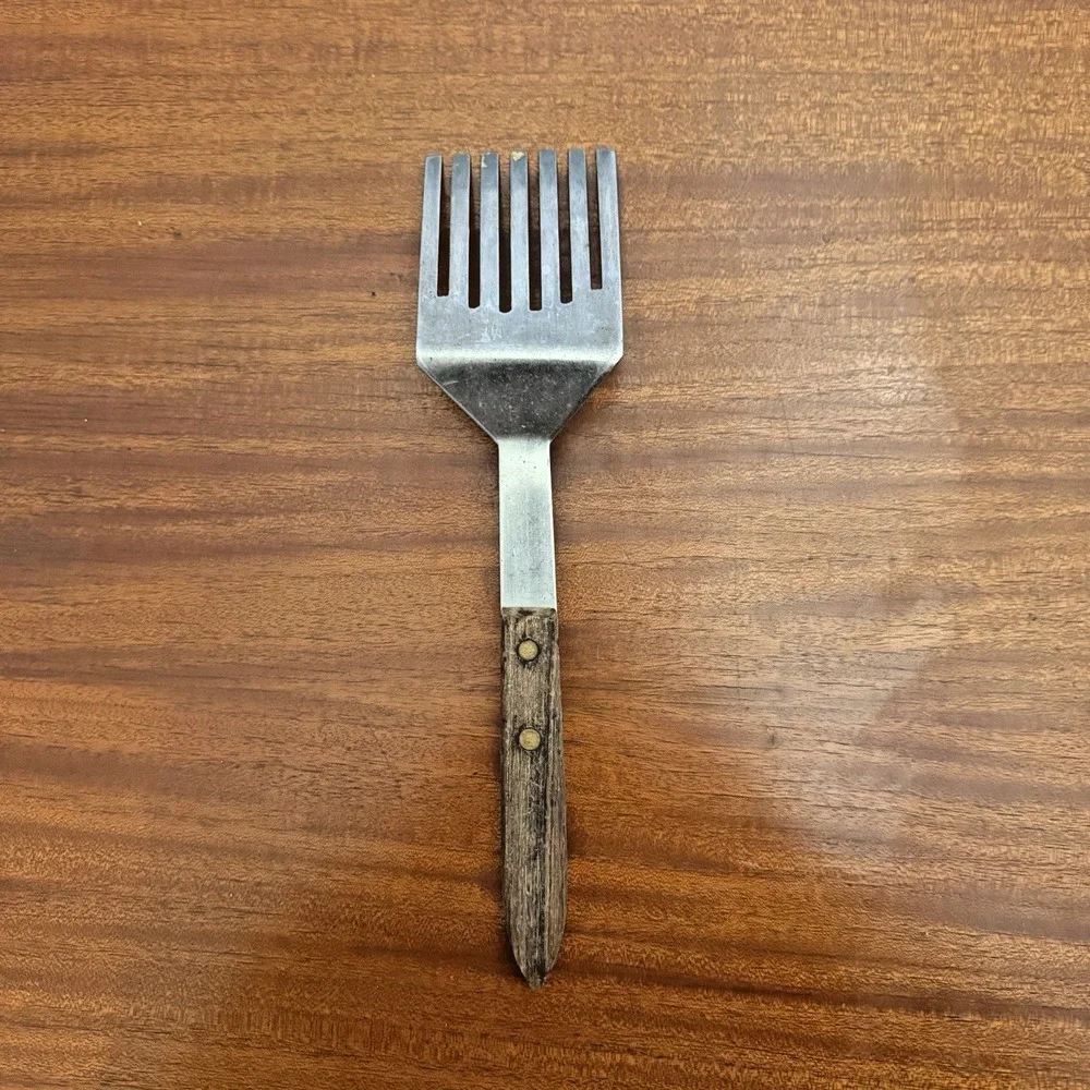 Vintage Slotted Serving Fork Spatula‎ Wooden Handle Stainless Steel 10
